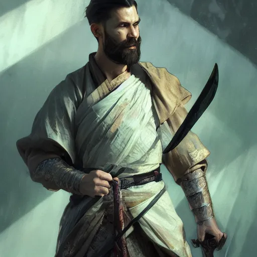 Image similar to a photorealistic dramatic fantasy render of a handsome man carrying a rough heavy sword drippig with blood and clasical japanese kimono by wlop, artgerm, greg rutkowski, alphonse mucha, beautiful dynamic dramatic dark moody lighting, shadows, cinematic atmosphere, artstation, concept design art, octane render, 8 k