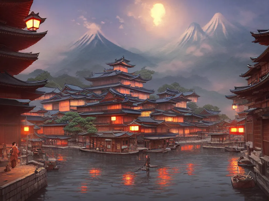 Prompt: old japanese town viewed from harbor, d & d digital painting, ultra realistic, beautiful, volumetric lighting, warm colors advance, cell shading, by james jean, greg rutkowski,