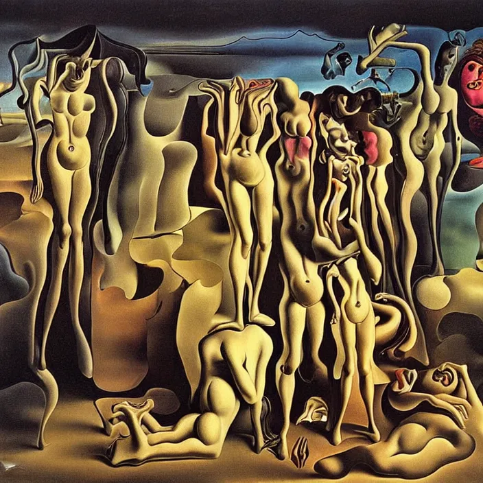 Image similar to a group of characters crying in a surreal environment by salvador dali, highly detailed