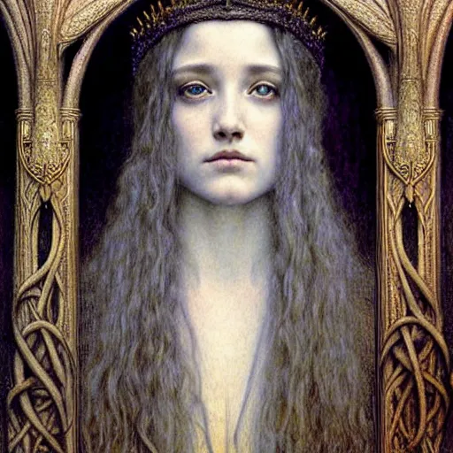 Image similar to detailed realistic beautiful young medieval queen face portrait by jean delville, gustave dore and marco mazzoni, art nouveau, symbolist, visionary, gothic, pre - raphaelite