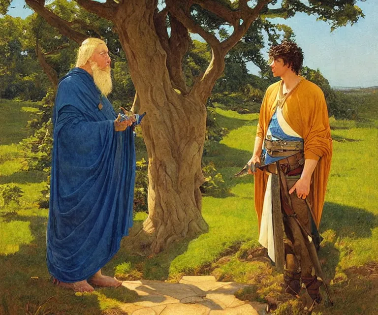 Prompt: a painting of king arthur and merlin standing beneath a tree by n. c. wyeth, tim hildebrandt, highly detailed, oil on canvas