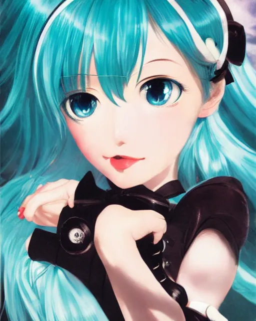 Image similar to hatsune Miku with cute face by Gil Elvgren and Enoch Bolle