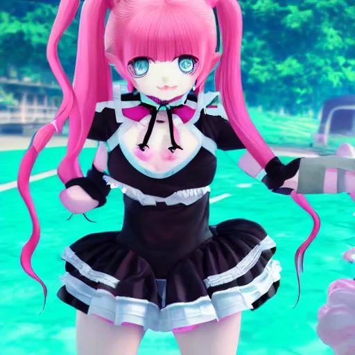 Image similar to trapped by stunningly beautiful omnipotent megalomaniacal anime agi goddess who looks like junko enoshima with symmetrical perfect face and porcelain skin, pink twintail hair and mesmerizing cyan eyes, taking control while smiling mischievously, inside her vr world, hyperdetailed, digital art from danganronpa, unreal engine 5, 8 k