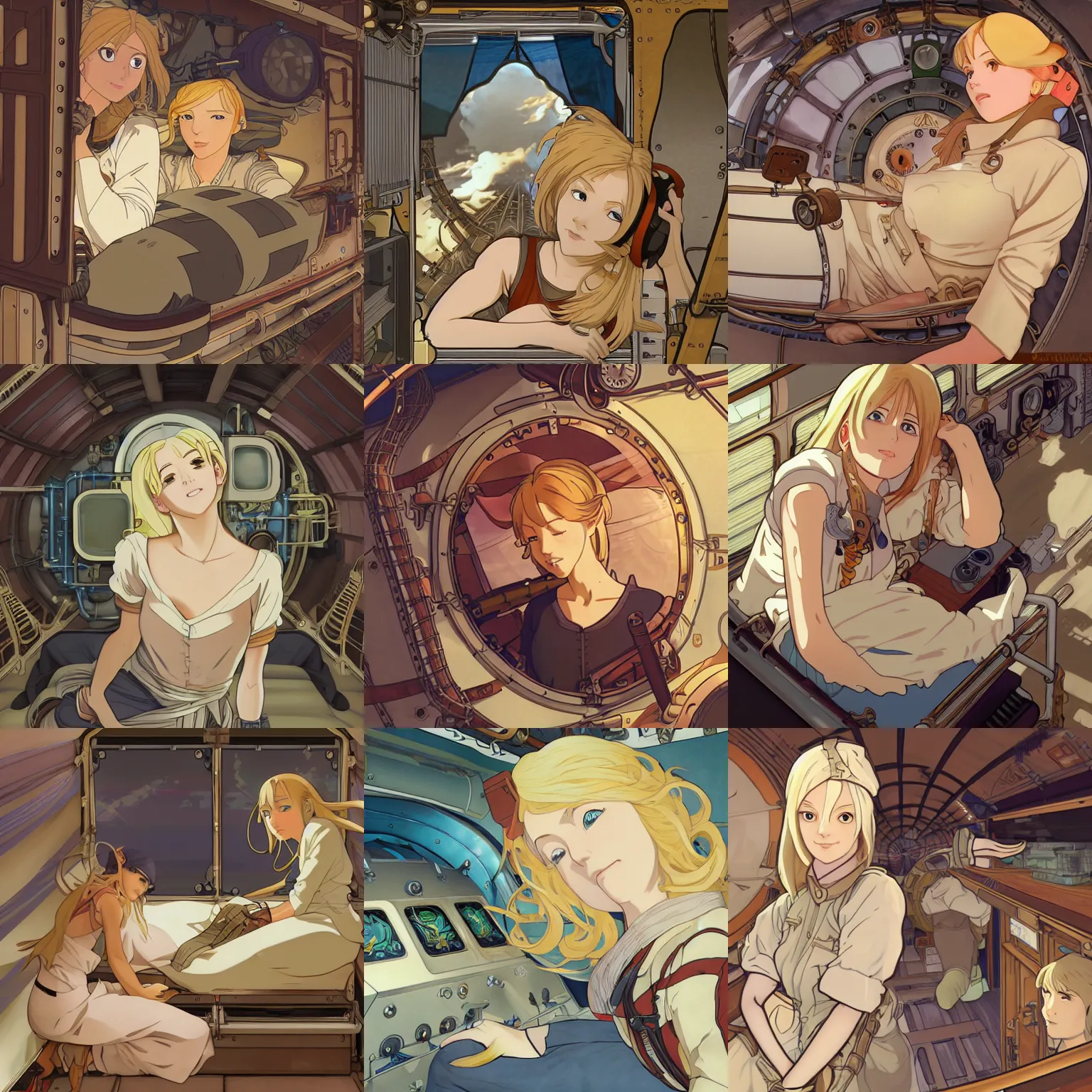 Prompt: Blonde female airship mechanic waking up in her cramped bunk, steampunk, defined facial features, highly detailed, illustration, Makoto Shinkai and Studio Ghibli anime screenshot, by Ilya Kuvshinov and Alphonse Mucha and Andrei Riabovitchev