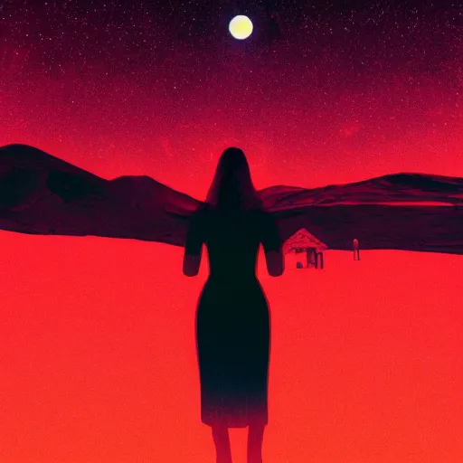 Image similar to A sad spiritual witch standing on mars looking at camera, distant background, red lighting, ominous, moonlight, bokeh, synthwave, psychedelic, glitch, acrylic, flooko, detailed,