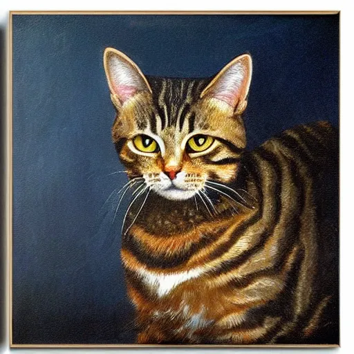 Image similar to tabby cat in front of a dark background, oil paining, highly realistic, romantic style