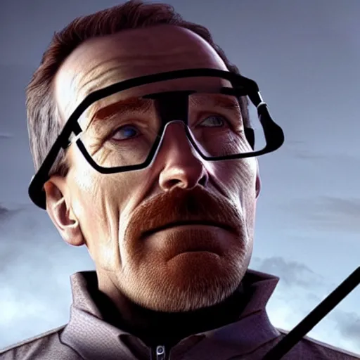 Image similar to Bryan Cranston as Gordon Freeman, dressed as Gordon Freeman from half life 2, still from a movie