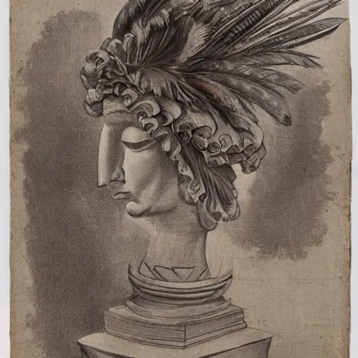 Image similar to an unknown ethnographic object, anthropology, feathers, in the style of corinthian capital by giocondo albertolli ( italian 1 7 4 2 - 1 8 3 9 ). medium : pen and brown ink, brush and gray wash on laid paper