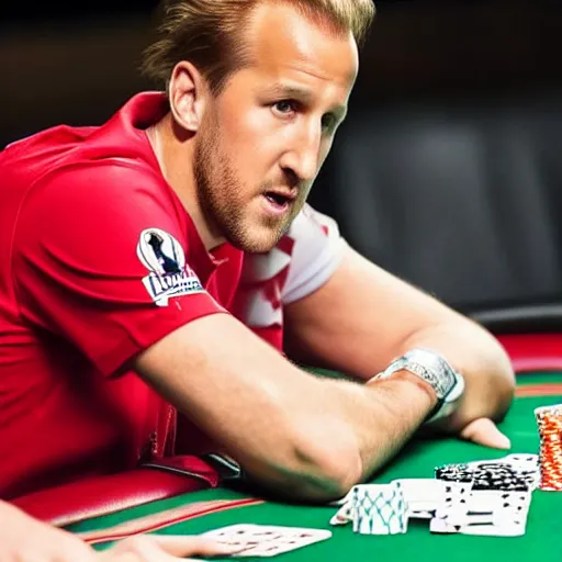 Image similar to promotional photo of harry kane playing greg raymer at a poker table, uhd, 8k, hyper detailed, wsop, poker,