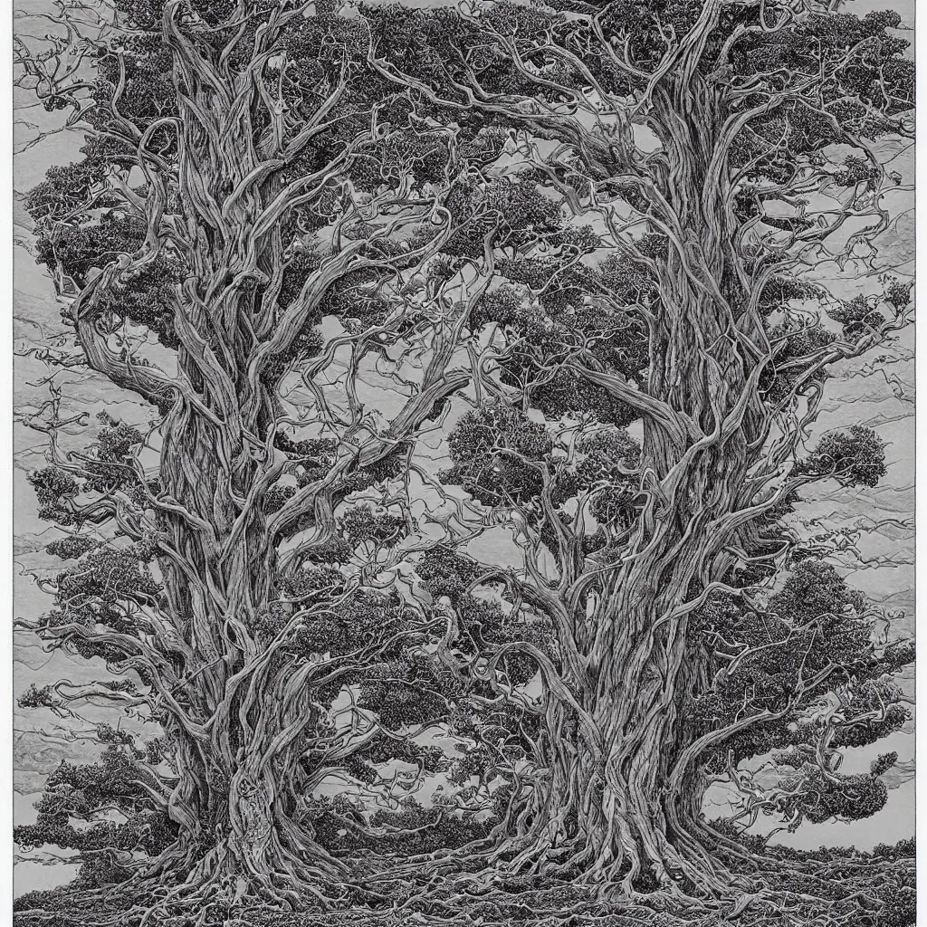 Image similar to tree of life, yggdrasil, by moebius, by laurie lipton