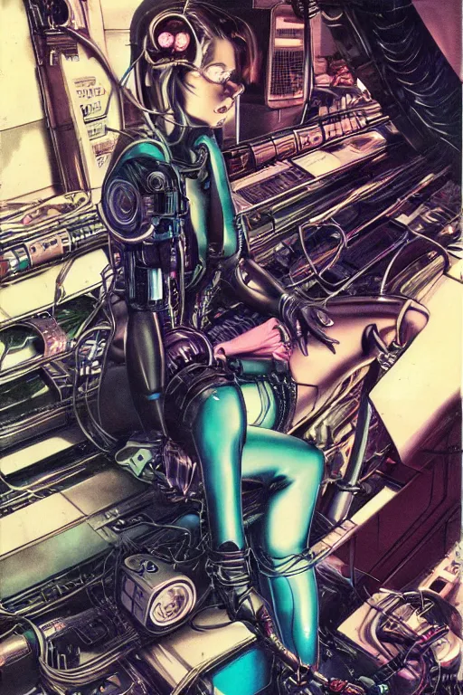 Image similar to a detailed airbrush cyberpunk illustration of a female android seated on the floor in a tech labor, seen from the side with her body open showing cables and wires coming out, by masamune shirow, hajime sorayama, boris vallejo and katsuhiro otomo, japan, 1980s, dark, colorful