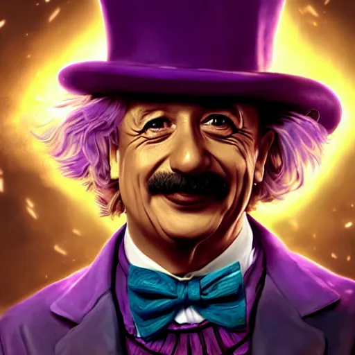 Image similar to portrait of albert einstein as willy wonka, league of legends amazing splashscreen artwork, fantasy, splash art, natural light, elegant, photorealistic facial features, intricate, fantasy, detailed face, atmospheric lighting, anamorphic lens flare, cinematic lighting, league of legends splash art, hd wallpaper, ultra high details by greg rutkowski