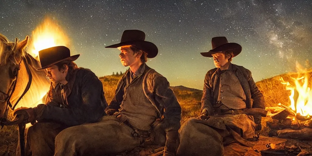 Prompt: in the old west, at a campfire at night, close up portrait of one sleeping bandit scoot mcnairy ( ( alone ) and wide shot of one thomas brodie - sangster ( ( alone ) ) watches the stars and his horse grazes, in the style of a cinematic oil painting, warm color palate, astral