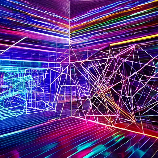 Image similar to a hypercube made of high - contrast dark polished metal brushstrokes of neon light - trails and dichroic paintings