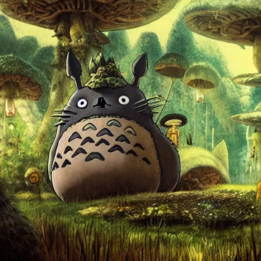 Prompt: totoro tripping on shrooms in wonderland, intricate detail, royo, klimt, miro, vallejo, frazetta, giger, whealan, hd, unreal engine,