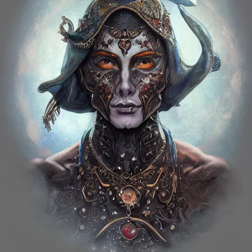 Image similar to an Artstation 3d render of Very very very very highly detailed beautiful mystic portrait of a phantom warrior with galaxy, tattoos by Anton Pieck, intricate, extremely detailed, digital painting, artstation, concept art, smooth, sharp focus, illustration, intimidating lighting, incredible art,