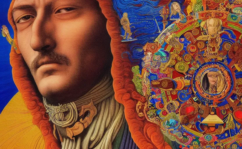 Image similar to an breath - taking jean giraud work of art of john lenon in the style of a renaissance masters portrait, mystical and new age symbolism and tibetan book of the dead imagery, intricately detailed, the beatles imagery, 4 k