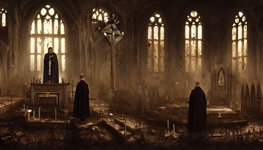 Prompt: a dark priest conducts rite of baptism, destroyed church, blood, symbols, religion, death, fear, horror, ultra realistic, hyperrealism,, fine details, detailed and intricate environment, by stephan koldi, by marc simonetti, 4 k