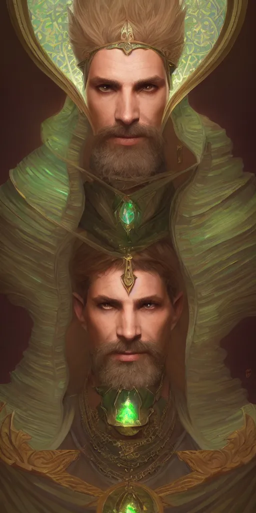 Prompt: sinister male mage, viscount, ancient, sand, emerald, magic, intricate, highly detailed, digital painting, artstation, concept art, smooth, sharp focus, illustration, Unreal Engine 5, 8K, art by artgerm and greg rutkowski and alphonse mucha