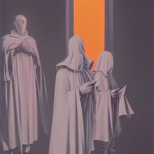 Prompt: A white robed cultist and a golden god in the darkness by Wayne Barlowe