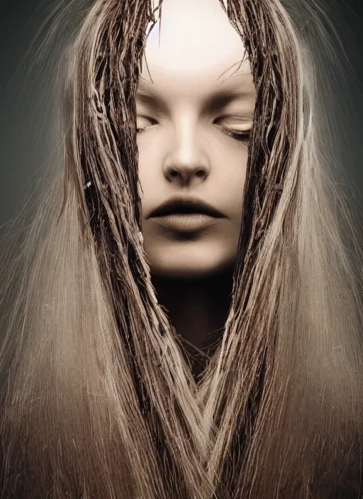 Image similar to a dramatic photo of a woman with hair made of roots. moody and melanchonic