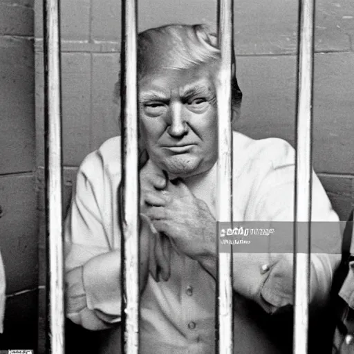 Image similar to old donald trump behind the bars in a jail. news photo.