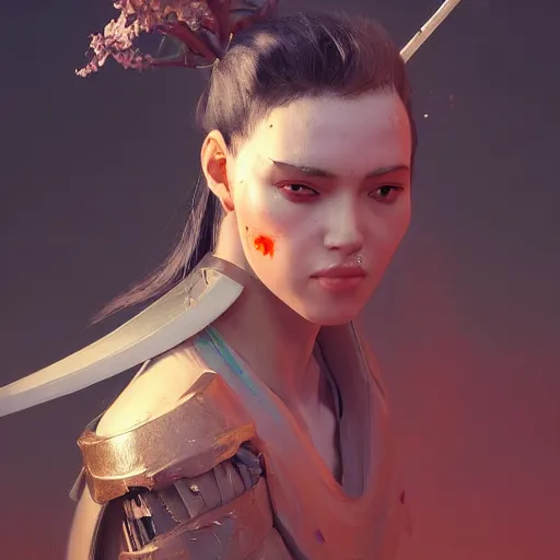 Image similar to a beautiful women swordsman, by beeple, by ruan jia, grim expression, unreal engine, octane rendering, 8 k, closeup, full body, smooth, trending on artstation, digital illustration, blcak hair