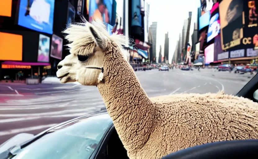 Prompt: a old photo of alpaca sitting in a car, looking out of the window and his hair is flying in the wind, riding through times square 8 k