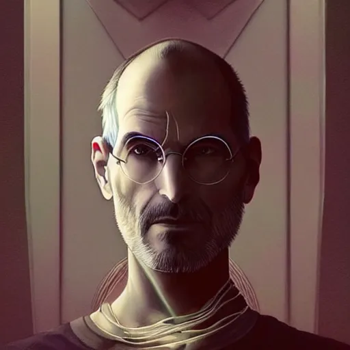 Image similar to beautiful ethereal cyberpunk steve jobs, art nouveau, fantasy, intricate binary and electronic designs, elegant, highly detailed, sharp focus, art by artgerm and greg rutkowski and wlop