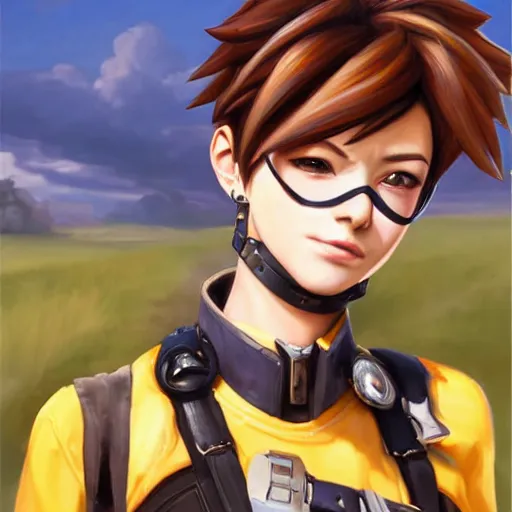 Image similar to oil painting of tracer overwatch in a field wearing spiked collar around neck, in style of artgerm, expressive face, wearing choker, steel collar, steel choker, wearing collar on neck, detailed face, detailed eyes, full body, feminine face, tracer overwatch,