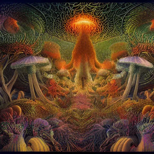 Image similar to a polyphonic symphony of fungal bio - communications inside a surreal 3 d fractal temple made up of organic fungal mushroom and mycelium, bioluminescent surfaces, inspired by ernst haeckel & escher & peter mohrbacher & remedios varo & agostino arrivabene