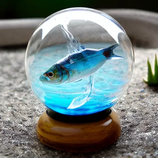 Prompt: transparent marble with a fish swimming inside of it