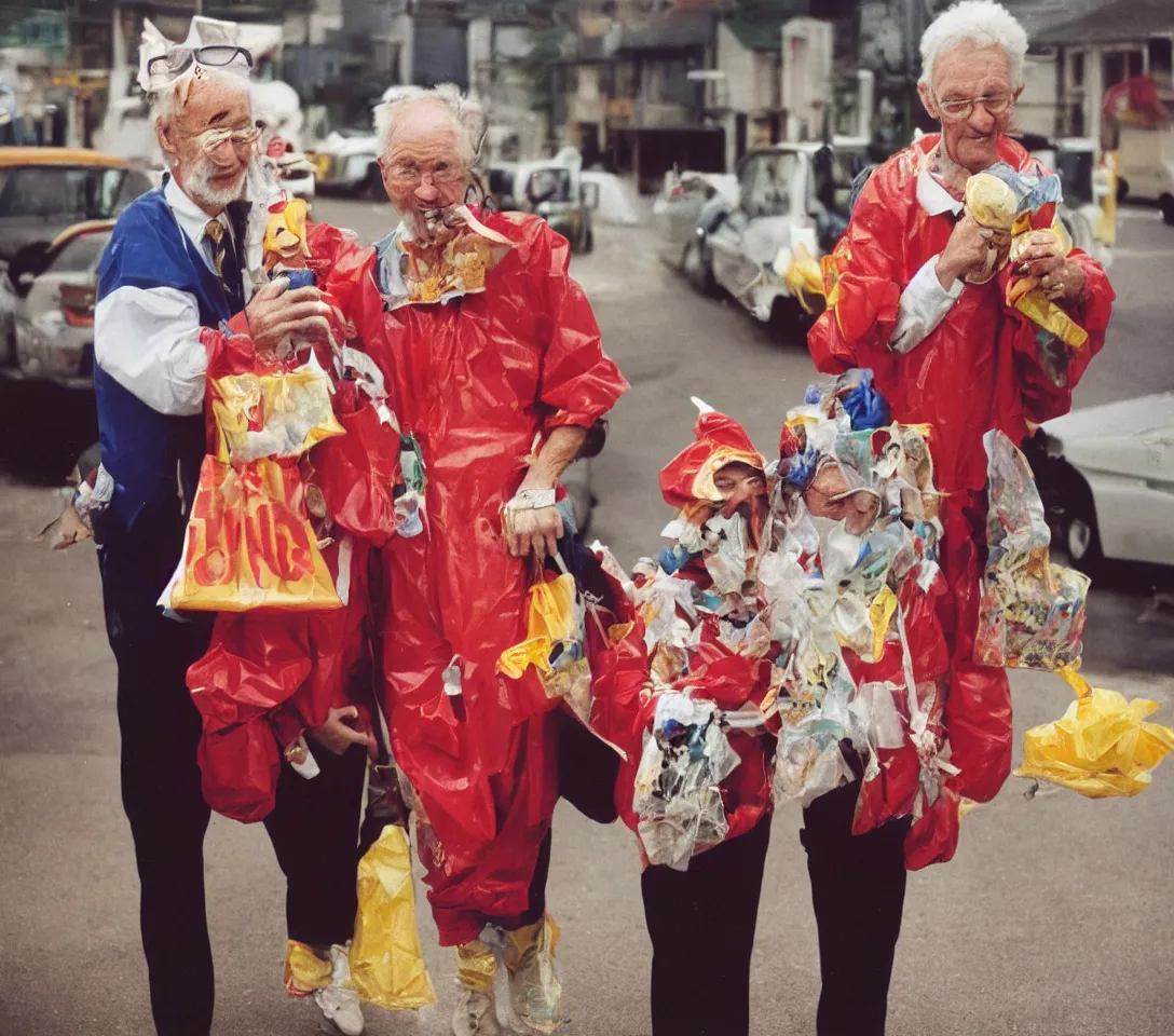 Image similar to a martin parr photo of a grandpa couple, wearing weird trash costumes, fujifilm velvia 5 0