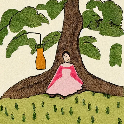 Image similar to “ girl drinking a beer under a tree, illustration by evan m. cohen ”