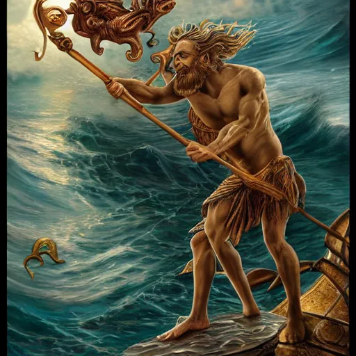 Prompt: poseidon on seahorses, tarot card, ornate, ultradetailed, digital art, irina french, heraldo ortega, mandy jurgens, golden ratio, art canvas, award winning, masterpiece trending on artstation 8 k 1 5 0 mpx