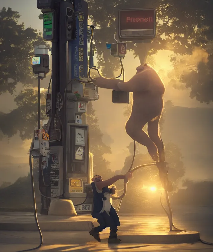 Prompt: a troll drinking gas from a gas station pump. an ogre drinking fuel from a pump. high quality sharp focus, beautiful volumetric light. photograph by tooth wu, wlop, beeple, dan mumfor, octane render, artstation