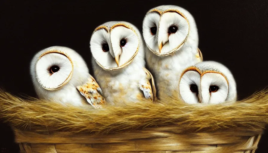 Image similar to highly detailed painting of cute furry white baby barn owls wearing shades cuddling up in a basket by william turner, thick brush strokes and visible paint layers, 4 k resolution