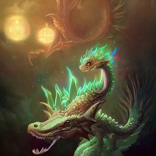 Image similar to a hyperrealistic illustration of a cute and tiny dragon that glows in the dark, dragon baby, glow in the dark, fractal moonlight, little dragon with glowing scales, award - winning, masterpiece, in the style of tom bagshaw, cedric peyravernay, peter mohrbacher