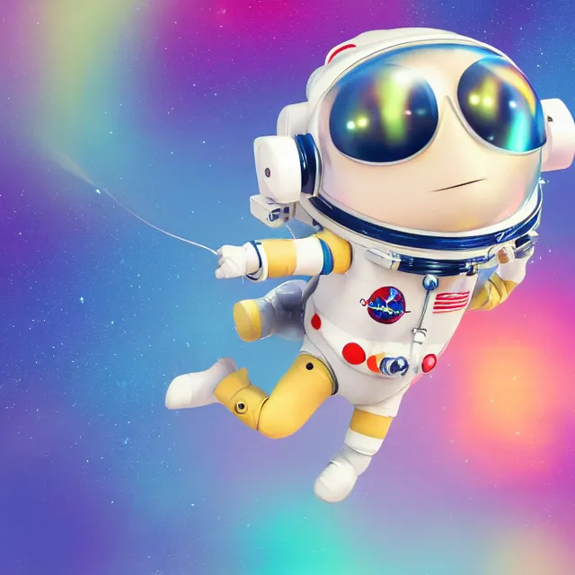 Image similar to a cute astronaut, pixar animation style, soft colors, by lisa frank, octane render, by takashi murakami, colorful, spectral color, 5 d, ultra - hd, happy, good, mini, volumetric lighting