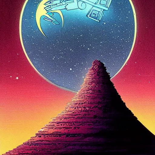 Prompt: a beautiful painting of a large alien shrine shrouded by mystic nebula magic in an asteroid field by hiroshi nagai and vincent di fate and moebius, detailed line art