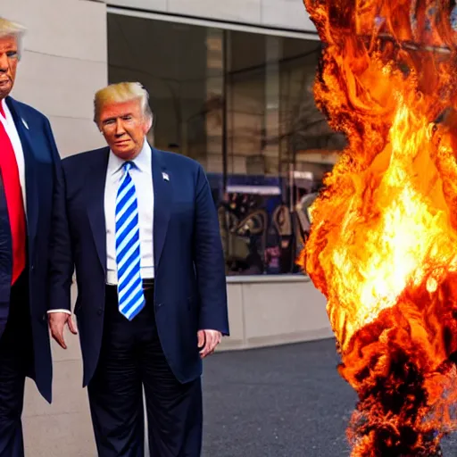Prompt: Donald Trump anime grabbing scarcely dressed woman by the waist American flag on fire in background