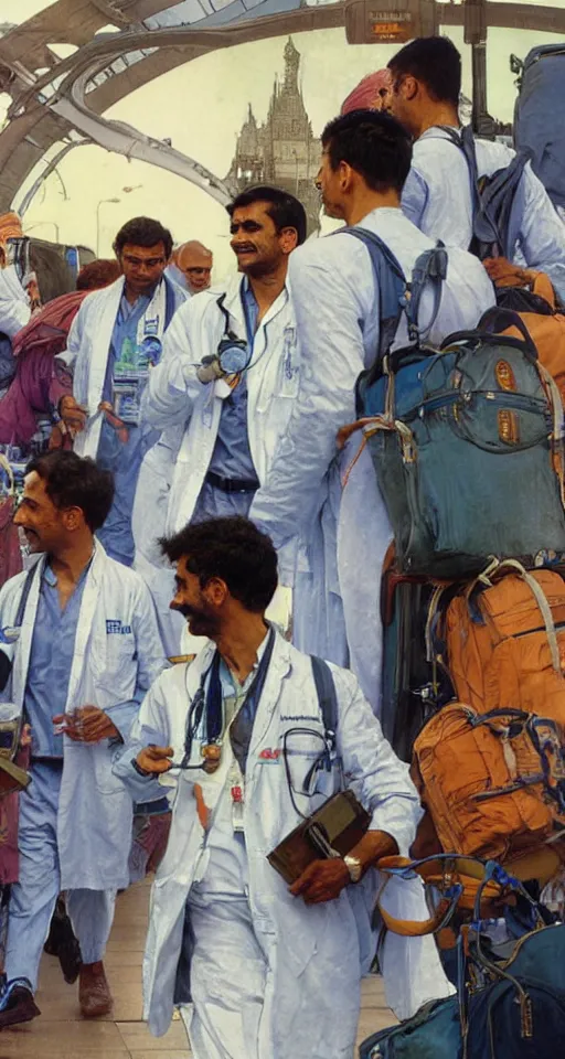 Image similar to close up of three Indian doctors in scrubs disembarking at Heathrow, sun shining, photo realistic illustration by greg rutkowski, thomas kindkade, alphonse mucha, loish, norman rockwell.