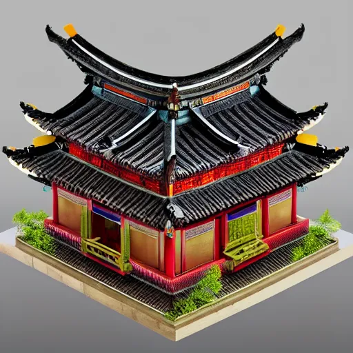 Image similar to ancient chinese architecture, rubix cube house concept, rubix cube by bugs zhou, artstation, fine detail