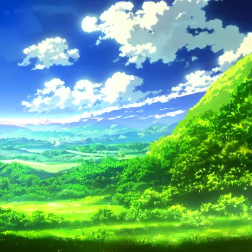 Prompt: an Anime Background Photo of a Valley with green plains and blue sky