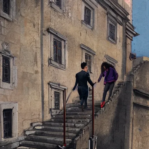 Prompt: Michael mcintyre & a blonde woman climbing steps in Porto, greg rutkowski