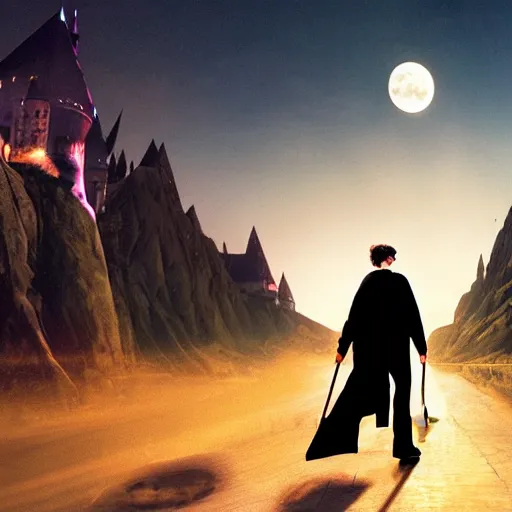 Image similar to Harry potter riding a broomstick, back view, cinematic shot, movie still, nighttime, motion lines, intense scene, movement, vivid colors, crescent moon, Tooth Wu, Asher Duran, Greg Rutkowski, Minor Blur, 8k