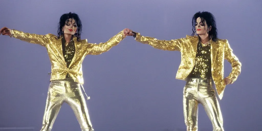 Prompt: Michael Jackson standing alone in a shiny reflective, gold and silver outfit at a concert in the year 1996 ultra realistic, 4K, movie still, UHD, sharp, detailed, cinematic, render, modern