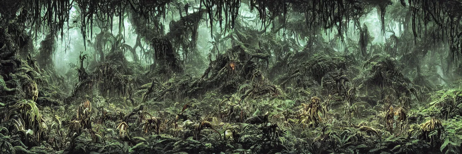 Image similar to underground cave on an exotic alien planet with a jungle canopy of antler trees in the background, leafy overgrowth, insectile weeds, demon faces, skulls, by ian miller, rodney matthews and al feldstein, photorealistic render