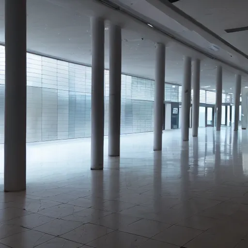 Prompt: an empty completely white multistory mall made of frosted glass