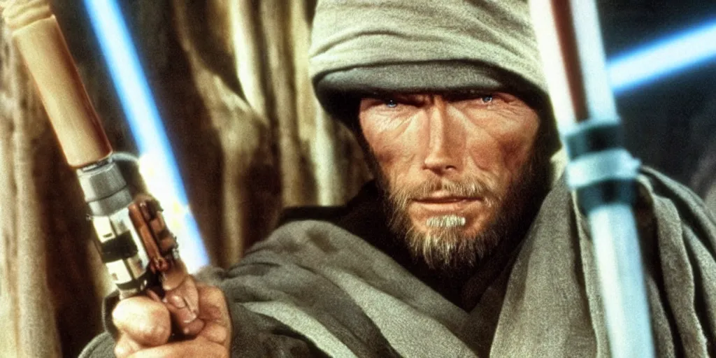 Image similar to Still of Clint Eastwood as jedi master Obiwan kenobi!!!!. in Star Wars (1977). detailed eyes. medium shot, technicolor. light saber